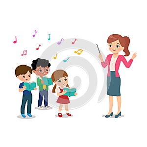 Female teacher conduct student choir for event at school. Musical extracurricular. Singing clip art. Happy boy and girl sing.