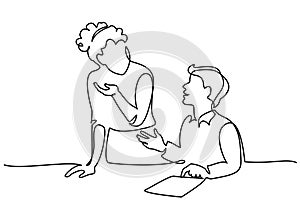 Female teacher explaining a task to a boy student. One line drawing photo