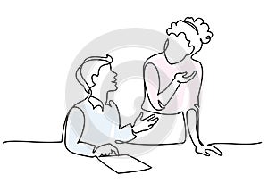 Female teacher explaining a task to a boy student. One line drawing photo