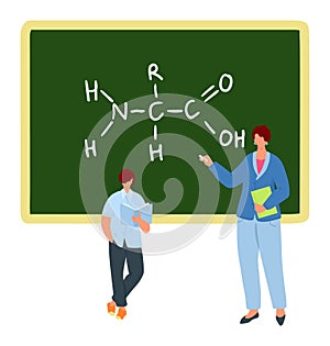 Female teacher explains chemistry male student front blackboard formula. Education science class