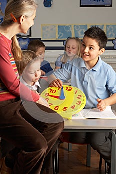 Female Teacher In Primary School Teaching Children