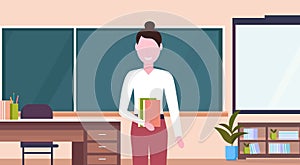 Female teacher standing in front of chalk board workplace desk modern school classroom interior cartoon character