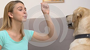Female teaching dog commands, pet home training, animal obedience, behavior