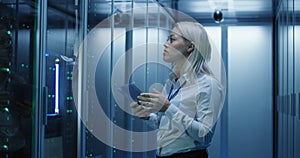 Female technician works on a tablet in a data center