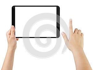 Female teen hand using tablet pc with white screen