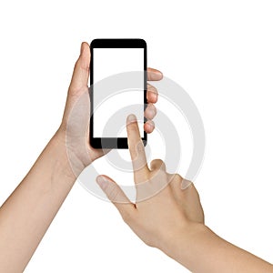 Female teen hands using mobile phone with white screen