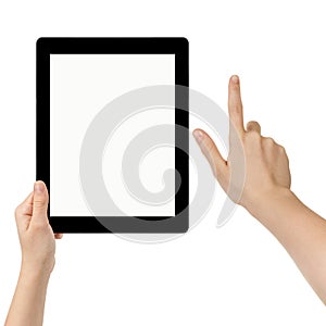 Female teen hands using tablet pc with white screen