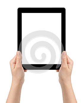 Female teen hands using tablet pc with white screen