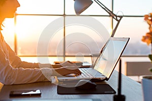 Female teleworker texting using laptop and internet, working online. Freelancer typing at home office, workplace.