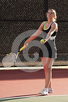 Female Tennis Player Prepares To Serve In Match