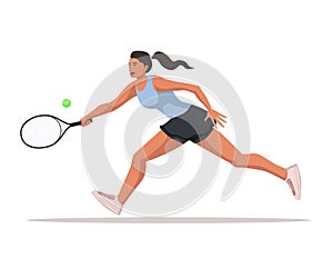 Female tennis player runs to hit the ball with a racket isolated on transparent background.