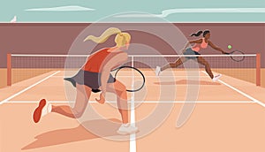 Female tennis player runs to hit the ball with a racket isolated on transparent background. Tennis match