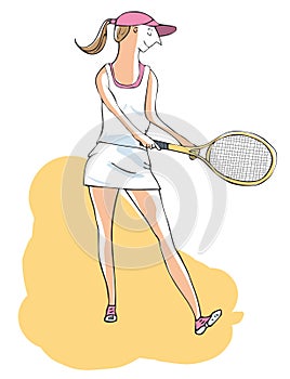 Female tennis player about to serve a ball. Hand drawn vector il