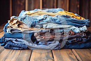 Female textile style laundry fabric background stack clean blue wear wardrobe cloth pile heap dirty