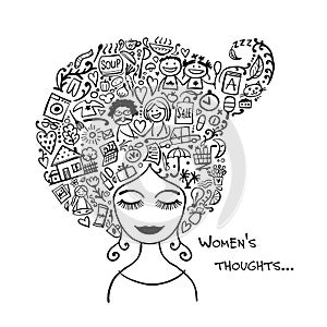 Female thoughts in head about current affairs. Sketch for your design photo