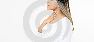 Female Throat Pain. Closeup Of Sick Beautiful Woman With Sore Throat Feeling Bad, Suffering From Painful Swallowing. Girl Touching
