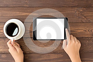 Female toch on digital tablet blank screen on top