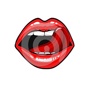 Female tongue liking glossy lips vector illustration isolated on white background. vetor illustration