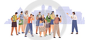 Female tour guide showing interesting places to group of tourist vector flat illustration. People admiring architecture