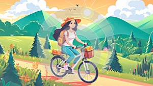Female tourist on a bicycle during an eco-trip. Cartoon summer vector landscape with a girl riding a bike. Generated AI