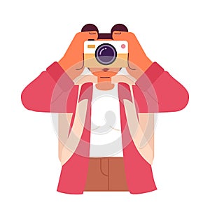 Female tourist capturing vacation memories on camera semi flat colorful vector character