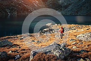 Female tourist hiking at High Tatras at gold sunset, Slovakia