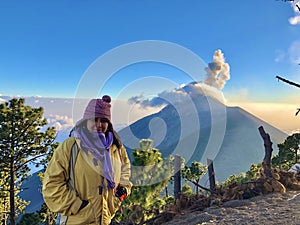 Female tourist hiking to Acatenango volcano