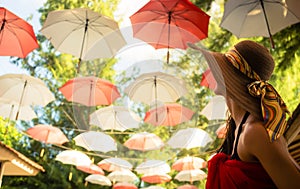 Female tourist marvels at baldachin of umbrellas photo