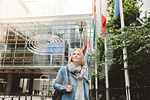 Female tourist sightseeing in Brussels, Belgium. European Parliament Building