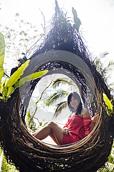 A female tourist is sitting on a large bird nest on a tree at Bali island