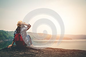 Female tourists in beautiful nature in tranquil scene in holiday.