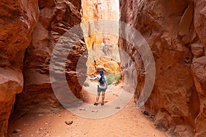 Female Traveler in Fiery Furnace Trail in Utah