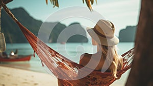 Female traveler relaxing in a hammock on a summer beach