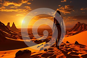 Female traveler stepping by the sandy landscape. Lonely woman walking by the desert at sunset