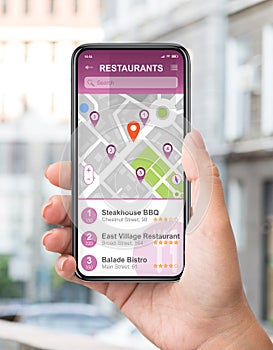 Female traveller using GPS navigation app to find good restaurants on smartphone screen on street, collage