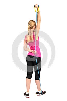 Female triceps extention exercise using rubber resistance band