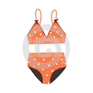 Female two-piece swimsuit. Top and bottom of swimwear. Women bikini with pattern, wireless cups, wide elastic band on