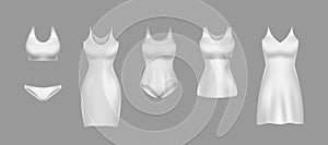 Female underwear mockup set. Lingerie nightie, panties, bra, bodysuit, swimsuit, sleeveless top