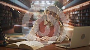 Female in university campus space. Young woman college student in public library, studying for exams, in headphones