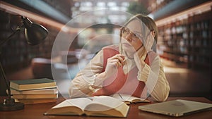 Female in university campus space. Young woman college student sitting in public library, studying for exams, thinking