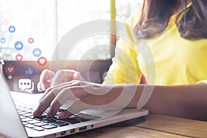 Female using laptop computer with online live chat chatting on application communication digital media website