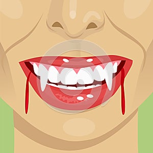 Female vampire bloody mouth showing fangs