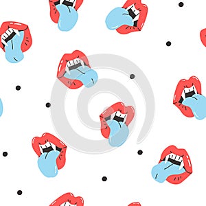Female vampire lips seamless pattern. Funky cartoon womans open mouth with tongue, Dracula teeth background