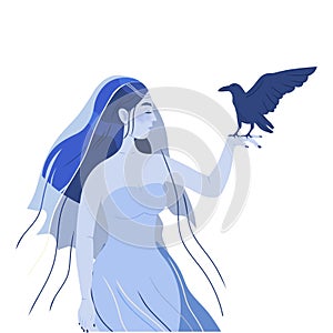 Female in Veil with Raven as Psychic Performing Occult Ritual Summoning Spirit Vector Illustration photo