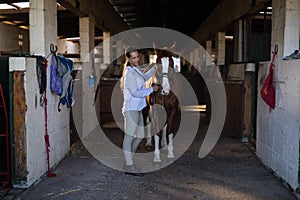 Female vet examining horse at stable