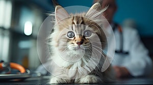 Female veterinarian conducting medical tests on a cute fluffy cat in a veterinary clinic