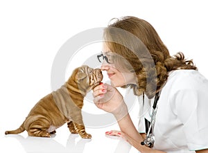 Female veterinarian examining a sharpei puppy dog