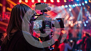 Female videographer filming a vibrant concert scene