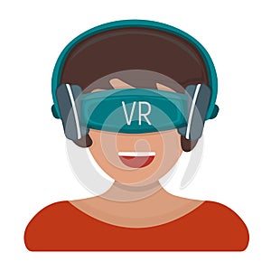 Female in virtual reality device with vr glasses isolated on white, flat vector illustration. Concept entertainment modern
