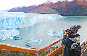 Female Visitor Shooting Photos of Perito Moreno Glacier, an Incredible UNESCO World Heritage Site in Patagonia, Argentina